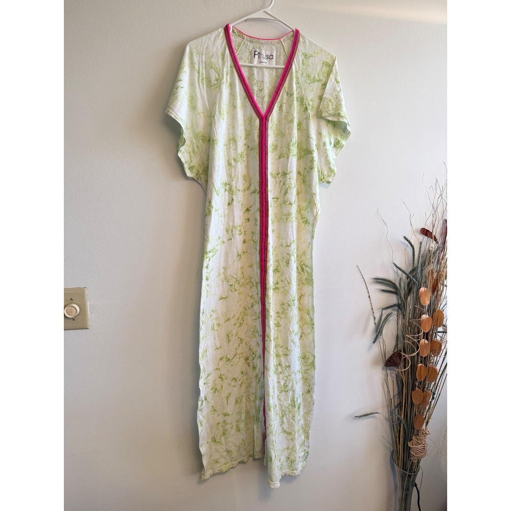 Pitusa Tie Dye Maxi Dress Lime Green Pink Trim Pima Cotton Modal Petite Peru
